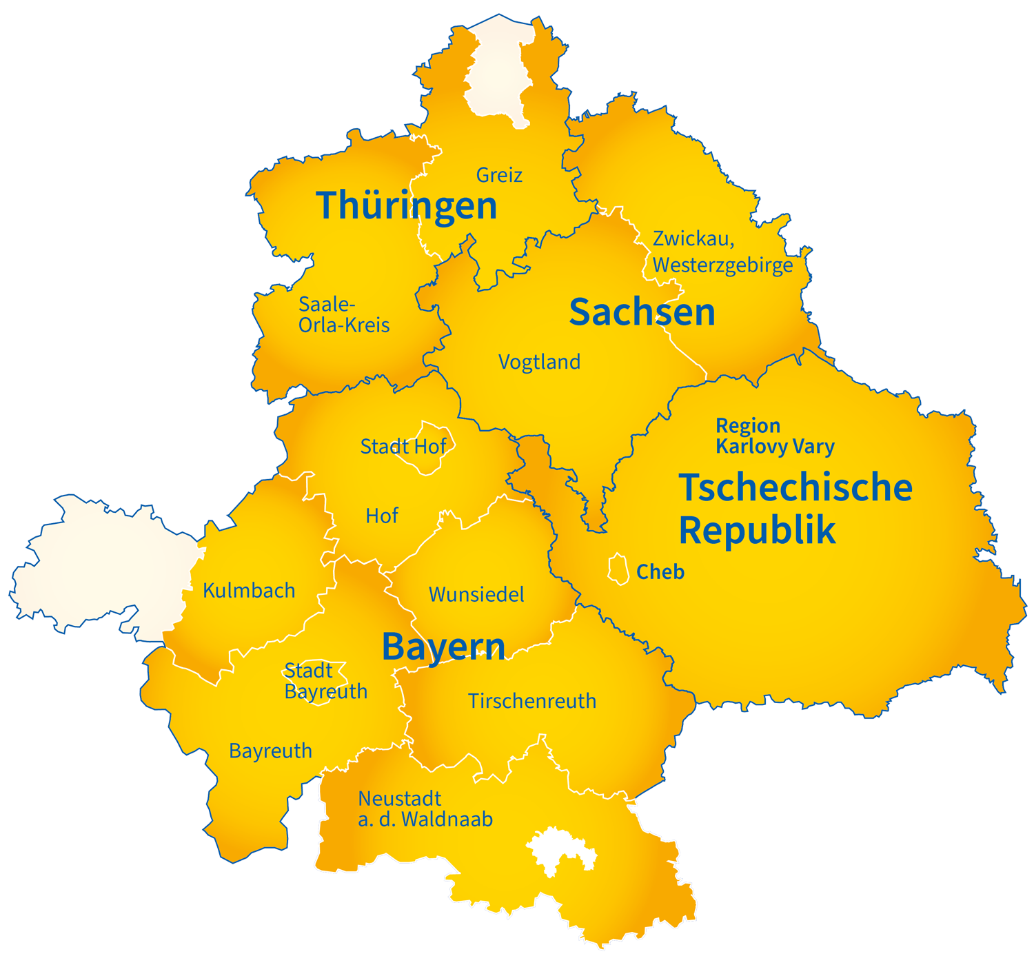 Karte von Sachsen, Thüringen, Bayern und Tscheschien